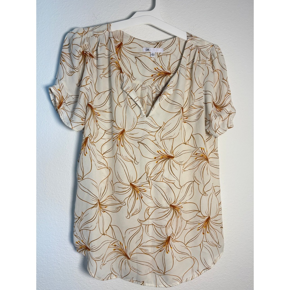 DR2 by Daniel‎ Rainn Floral Split Neck Blouse Cream Gold Short Sleeve Medium